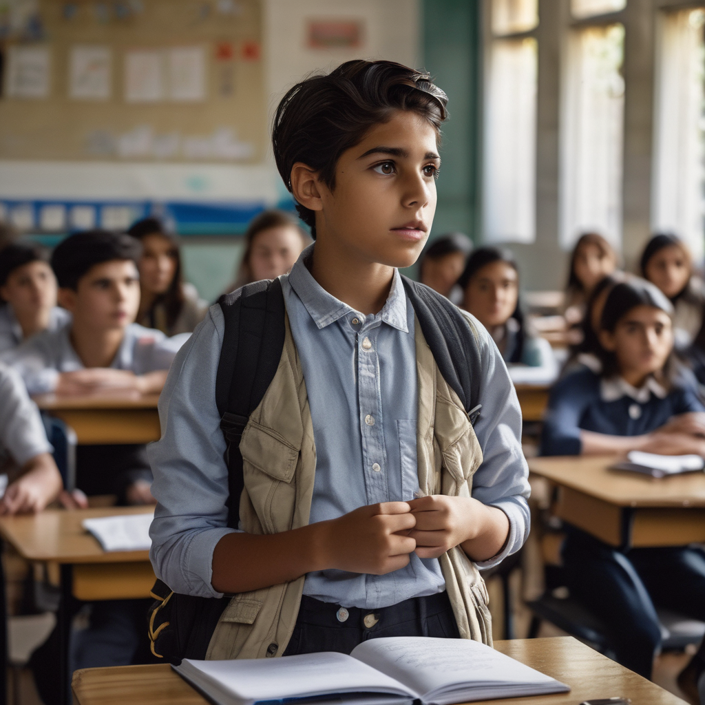 Estudiante chileno practicando un discurso frente a sus compañeros con confianza.