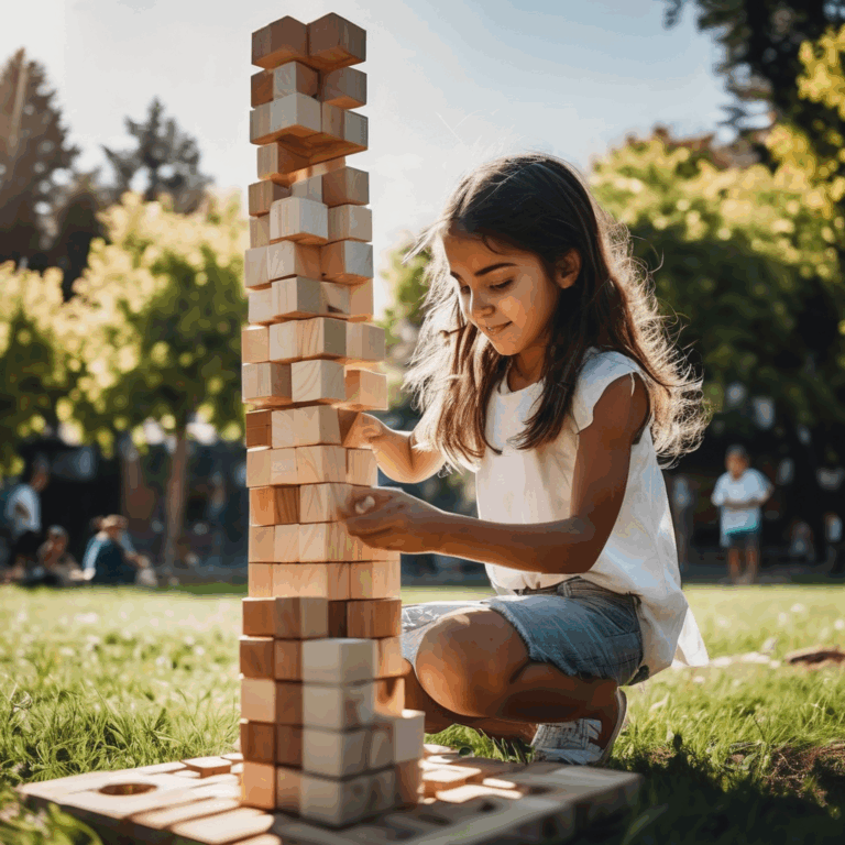 Niña chilena construyendo una torre de bloques con concentración y alegría.