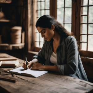 Una mujer latina reflexionando sobre su éxito mientras toma notas en un cuaderno.