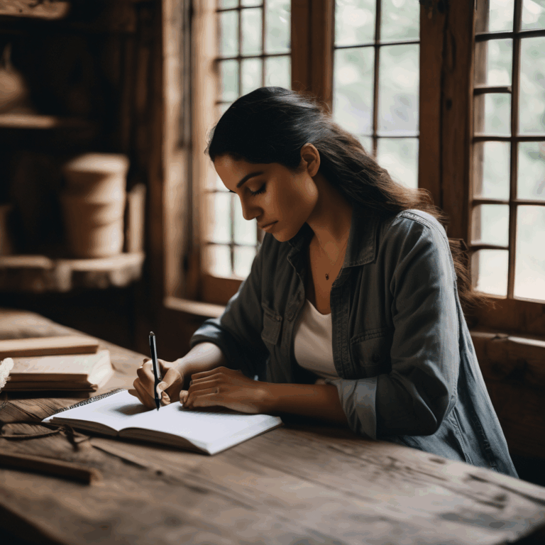 Una mujer latina reflexionando sobre su éxito mientras toma notas en un cuaderno.