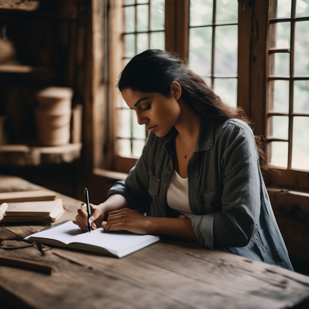 Una mujer latina reflexionando sobre su éxito mientras toma notas en un cuaderno.