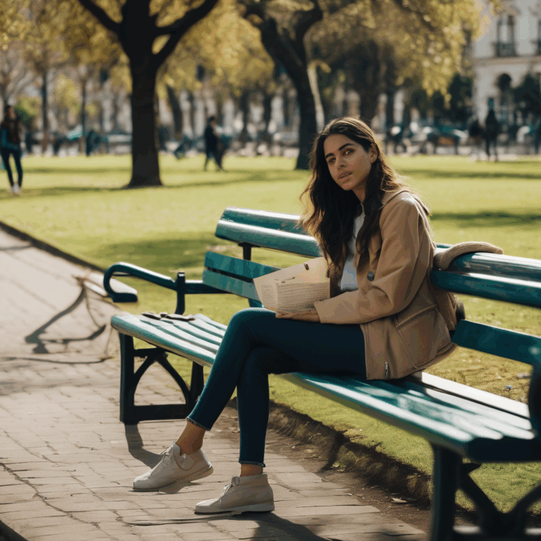 Mujer chilena sonriendo mientras conversa con un amigo en un parque.