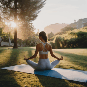 Mujer chilena realizando yoga al amanecer en un parque.