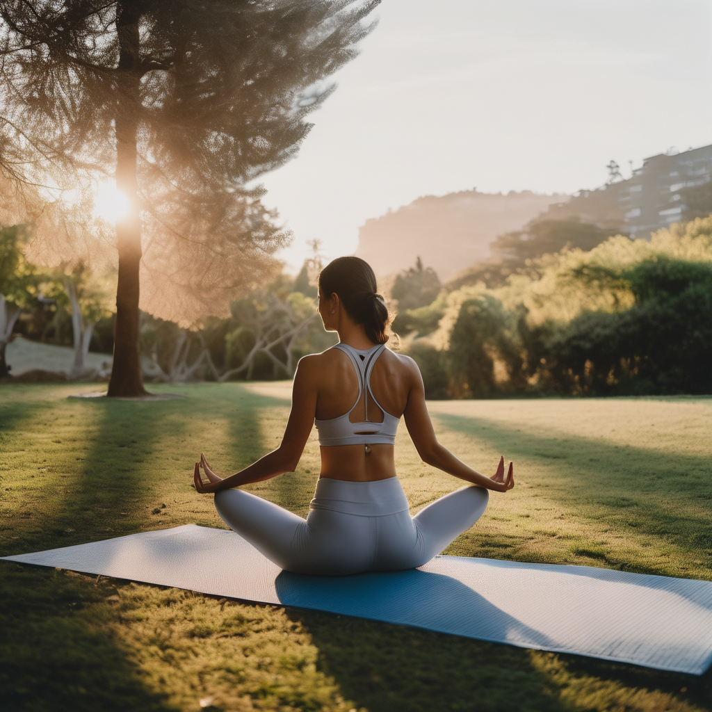 Mujer chilena realizando yoga al amanecer en un parque.