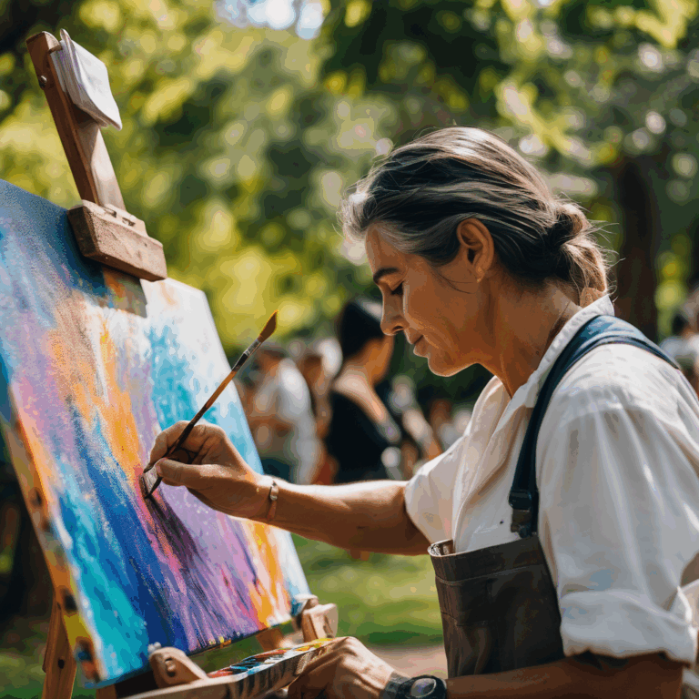 Adulto chileno pintando en un parque, mostrando alegría y concentración.