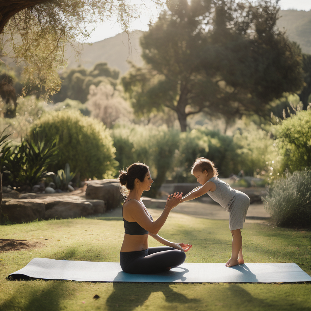 Una madre chilena practicando yoga en el parque, rodeada de naturaleza, reflejando serenidad y conexión con su bebé.