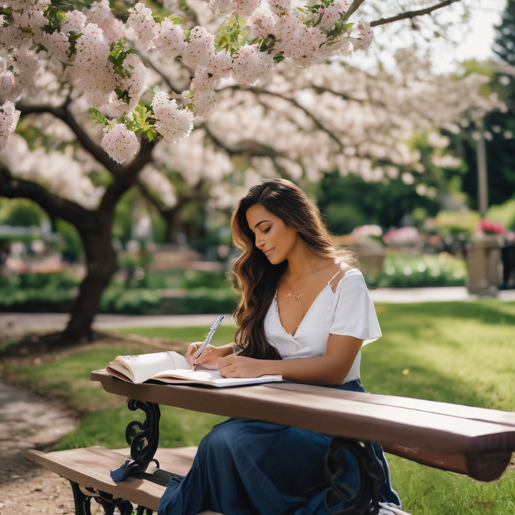 Mujer chilena sonriendo y escribiendo en un diario en un parque.