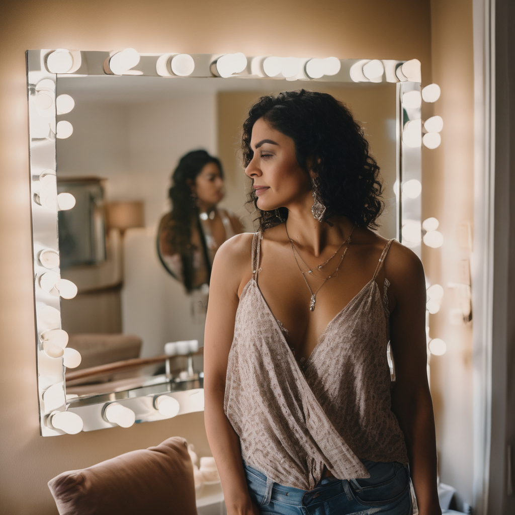 Adulto chileno practicando técnicas de autoafirmación frente a un espejo