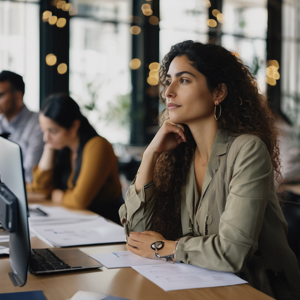 Una mujer chilena en una reunión de trabajo, mostrando empatía y conexión emocional con sus compañeros.