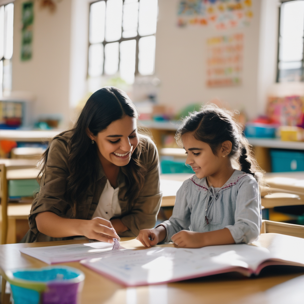 Niña chilena sonriendo mientras juega con un educador en un entorno de aprendizaje