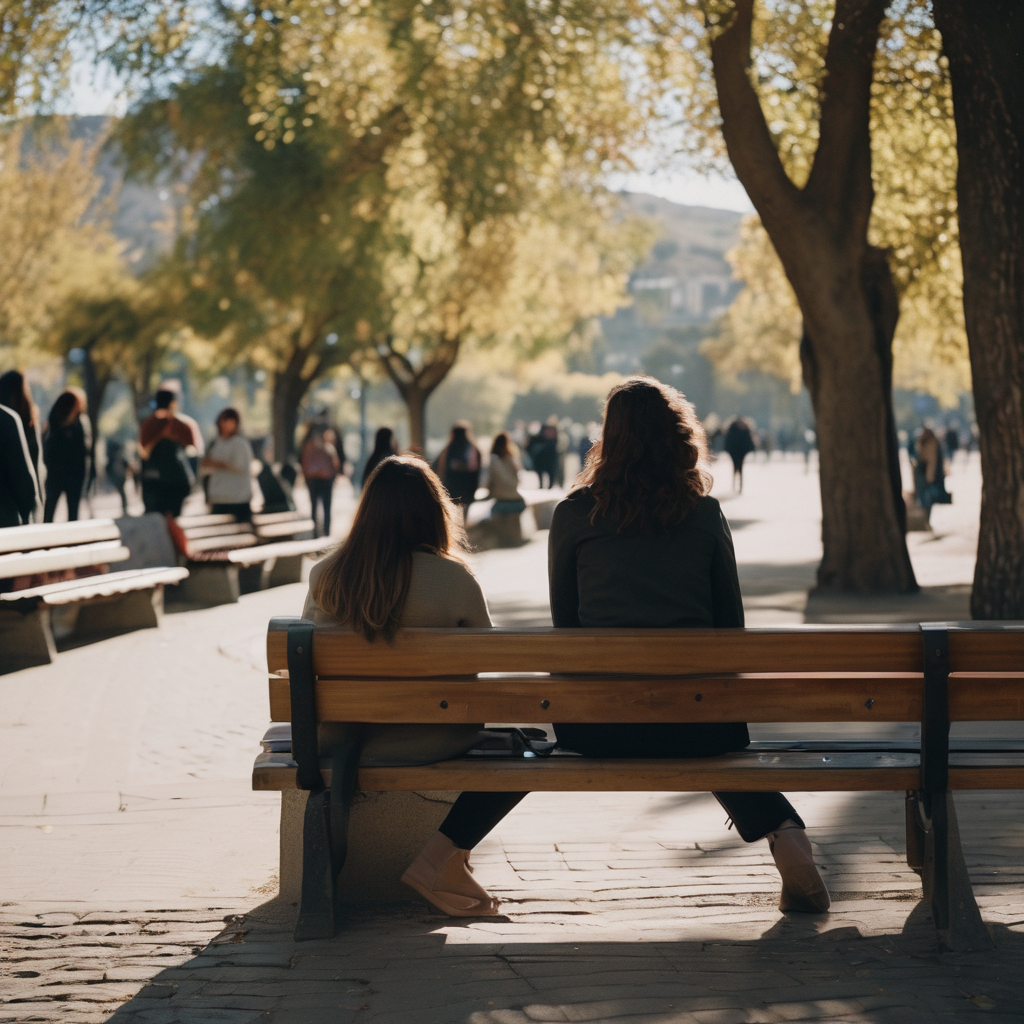 Una mujer chilena en un parque, ofreciendo apoyo a un amigo con ansiedad social.