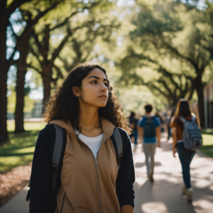 Estudiante latina respirando profundamente en el campus universitario.