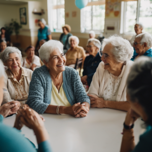 Adulto mayor en un taller de resiliencia emocional, sonriendo y participando.