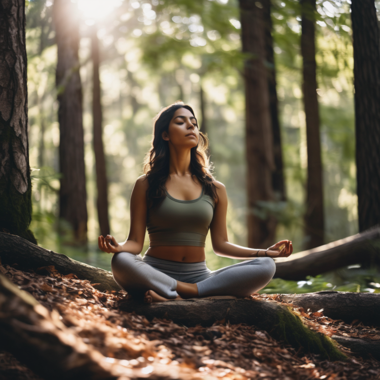 Mujer chilena meditando en un entorno natural, rodeada de árboles.