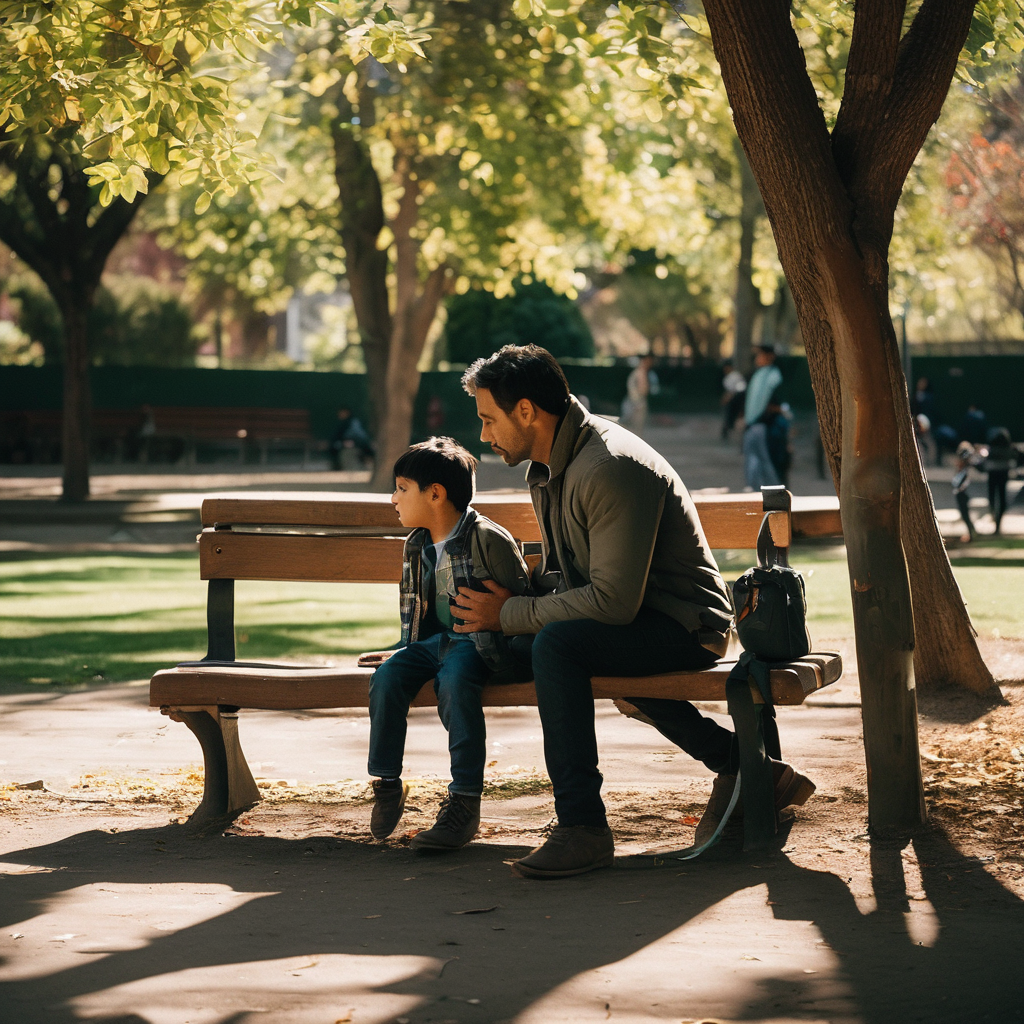 Padre e hijo en conversación sincera en un parque.