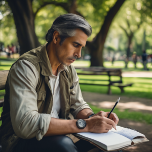 Un adulto chileno en un entorno natural, escribiendo en un cuaderno con una expresión de determinación.