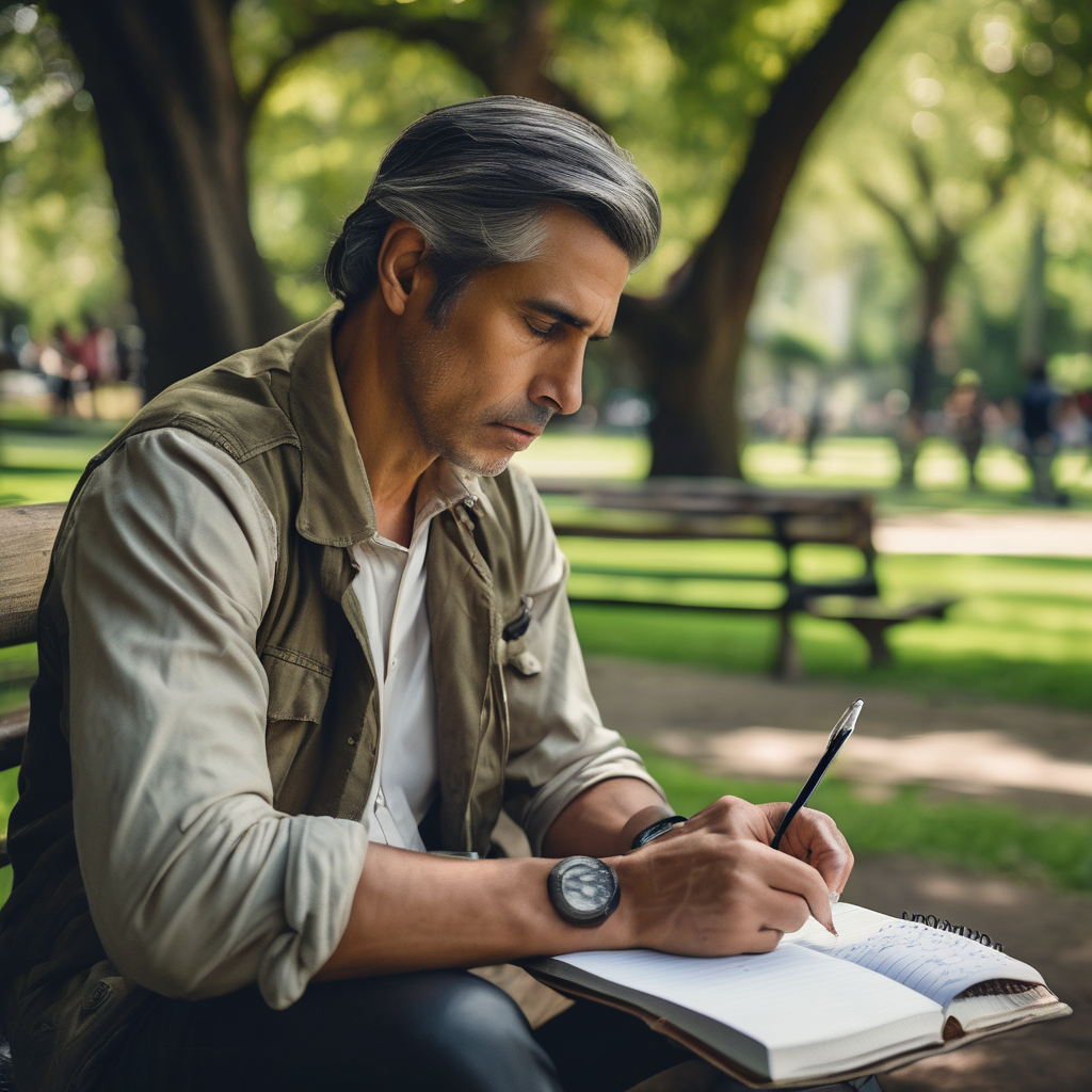 Un adulto chileno en un entorno natural, escribiendo en un cuaderno con una expresión de determinación.