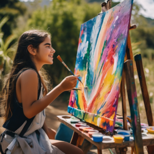 Niña chilena pintando una cara feliz en un lienzo mientras sonríe.