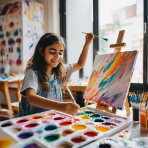 Niña chilena pintando en un aula creativa con alegría.