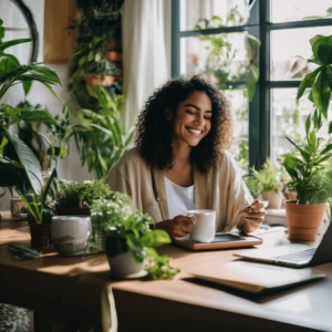 Mujer latina trabajando en casa con una taza de té y sonriendo, rodeada de plantas.
