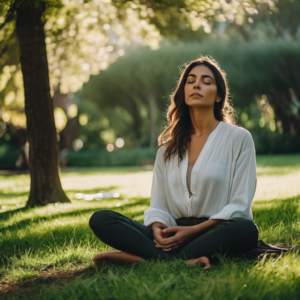 Mujer chilena meditando al aire libre, rodeada de naturaleza.