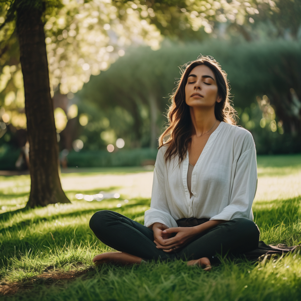 Mujer chilena meditando al aire libre, rodeada de naturaleza.