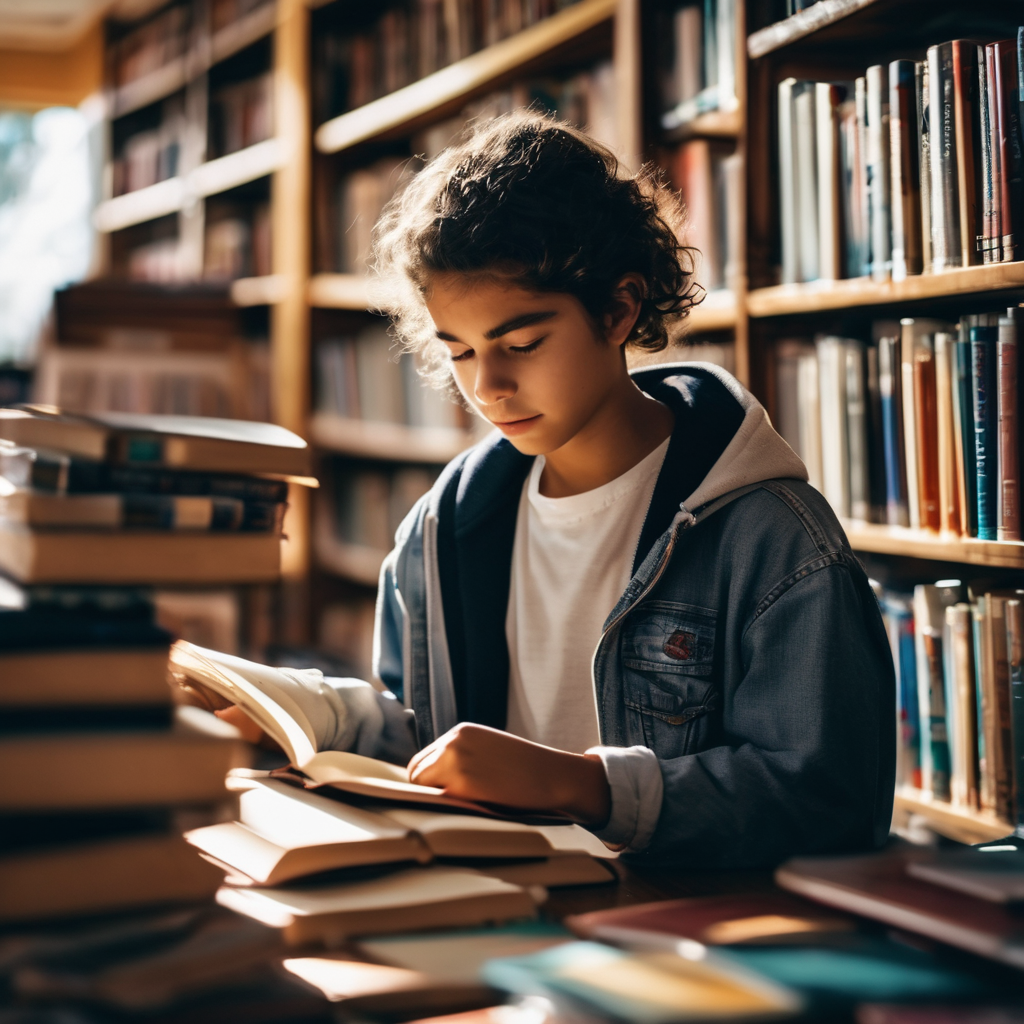 Adolescente chileno explorando libros en una biblioteca con curiosidad.