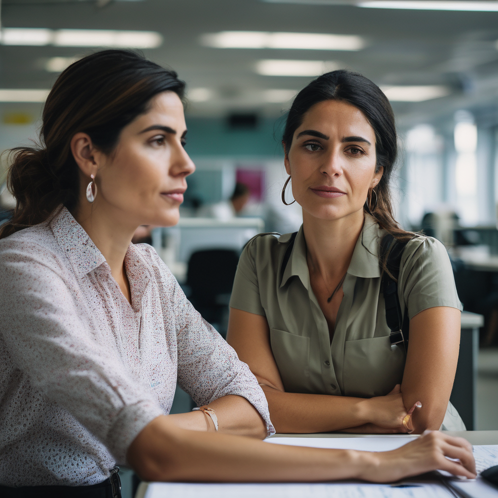 Un grupo de empleados chilenos colaborando y riendo en una reunión, mostrando empatía y apoyo mutuo.