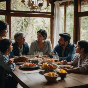 Familia chilena conversando en la mesa, mostrando empatía.