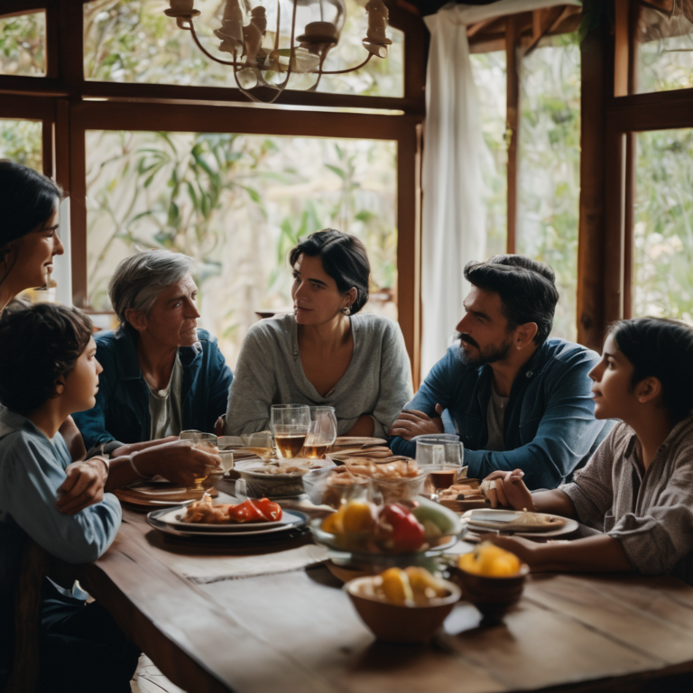 Familia chilena conversando en la mesa, mostrando empatía.