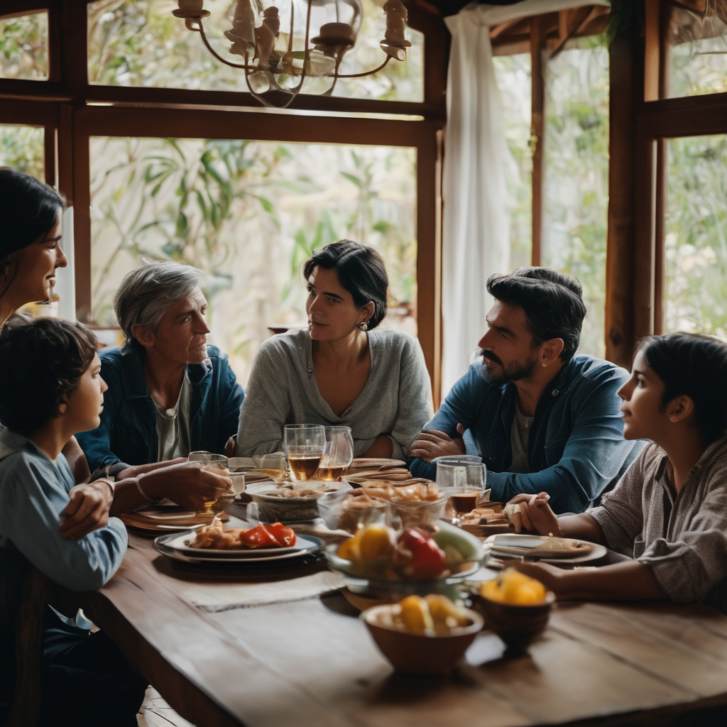 Familia chilena conversando en la mesa, mostrando empatía.