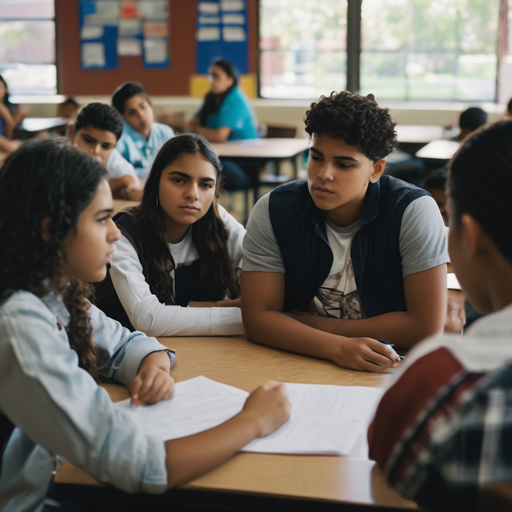 Un grupo de estudiantes latinos discutiendo en un aula, resolviendo un conflicto con empatía.