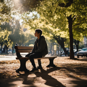 Adolescente chileno en un parque, practicando la respiración profunda.