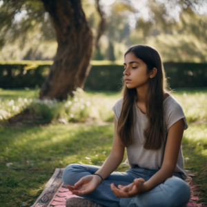 Adolescente chileno practicando meditación al aire libre, con una expresión serena.