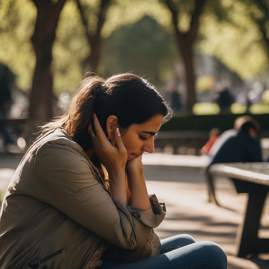 Adulto chileno abrazando a un amigo en un parque, mirando hacia el horizonte con esperanza.