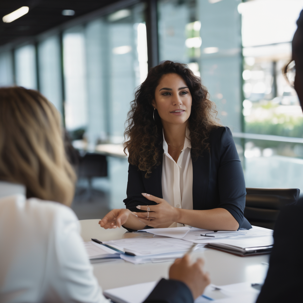 Persona chilena negociando en una reunión laboral con confianza.