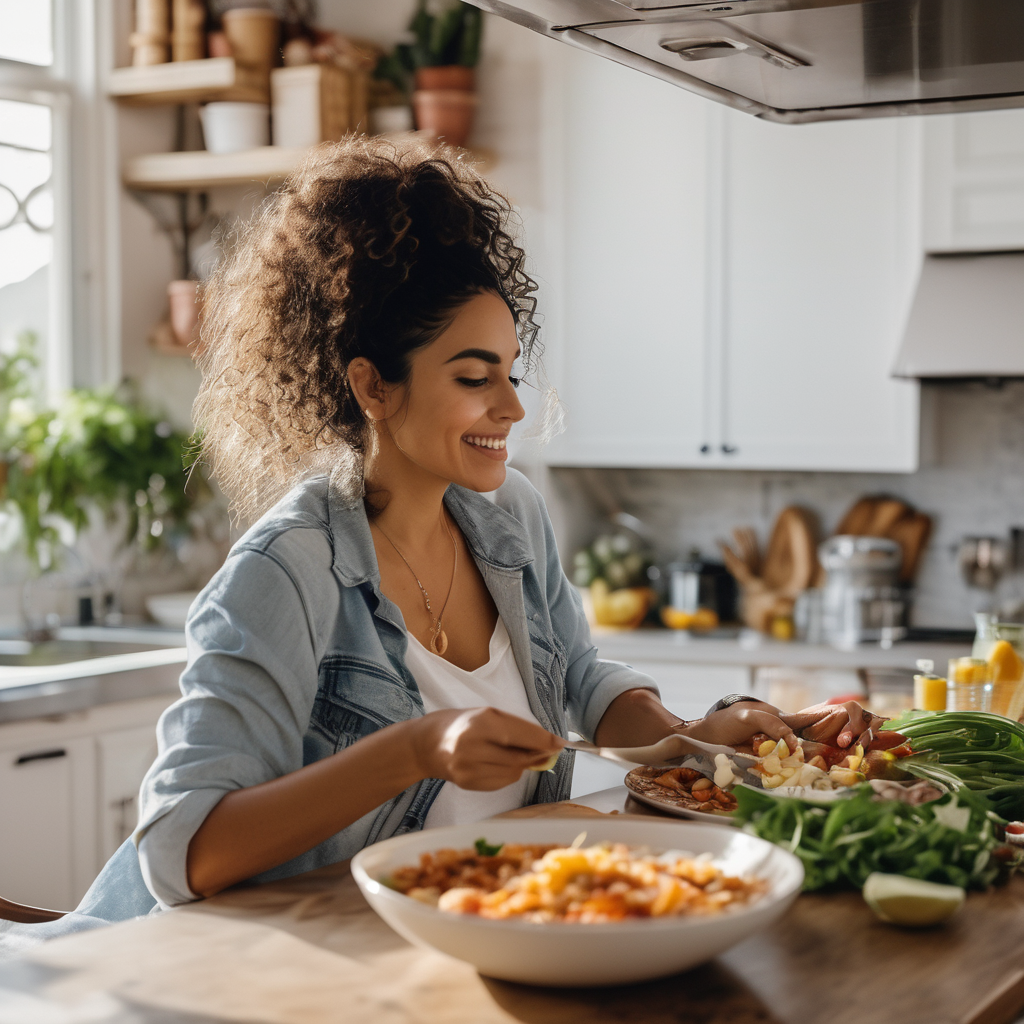 Una mujer chilena sentada en una mesa, compartiendo una comida saludable con una amiga, mostrando empatía y apoyo.