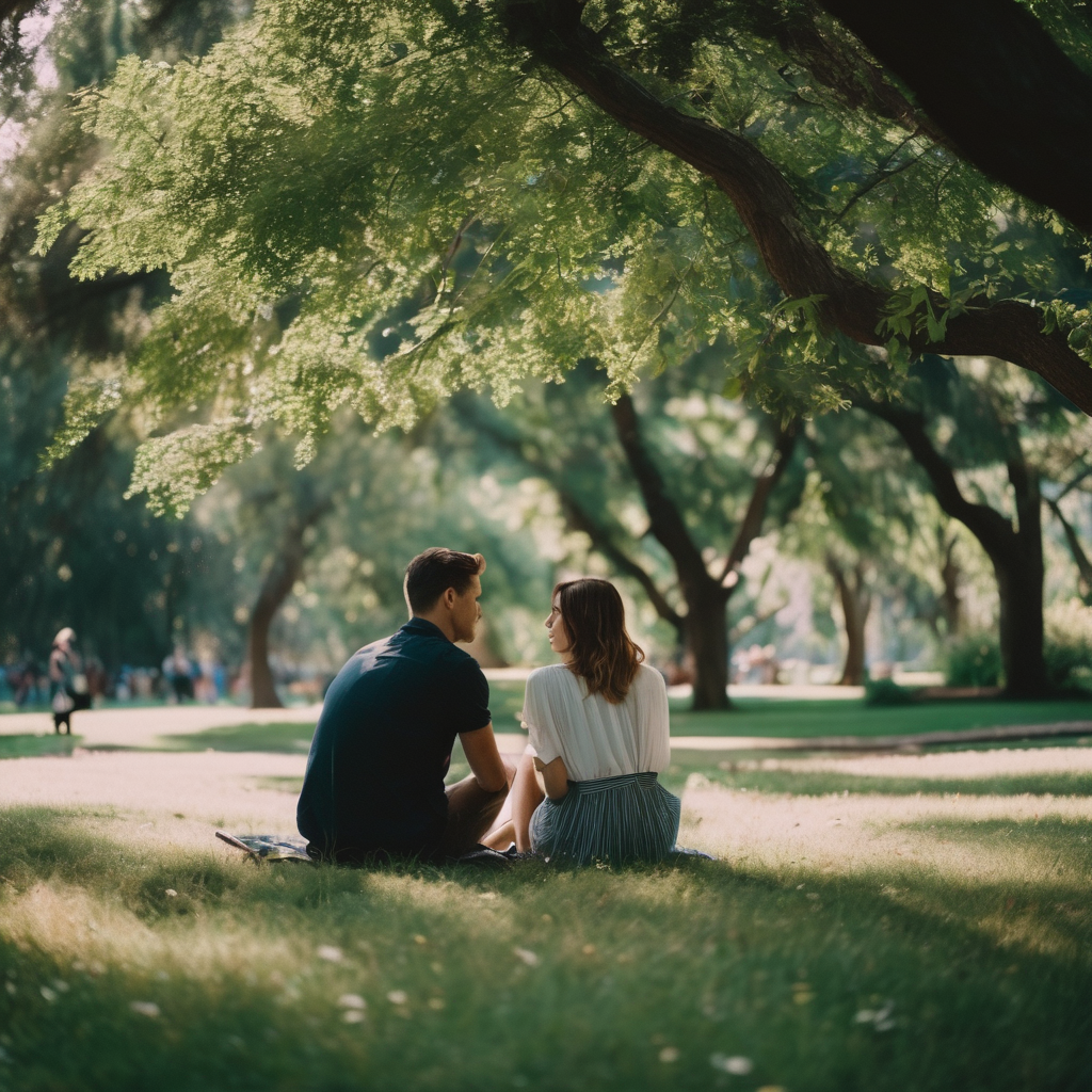 Pareja chilena compartiendo un momento de sinceridad en un parque