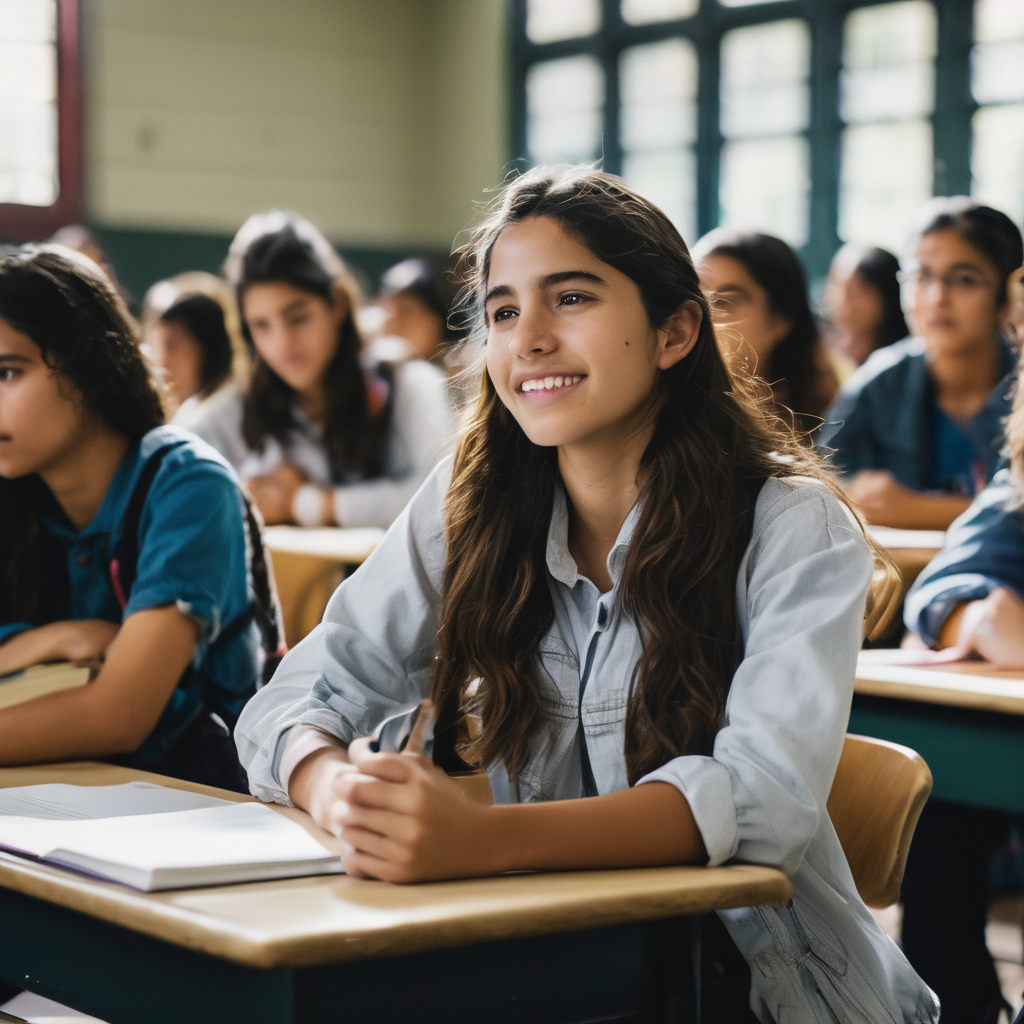 Estudiante chilena practicando asertividad en una discusión académica.