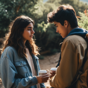 Joven adulto chileno apoyando a un amigo en un entorno natural.