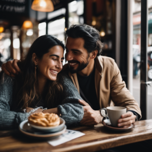 Pareja chilena video llamada en un café, sonriendo y conectando.