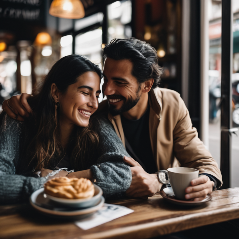 Pareja chilena video llamada en un café, sonriendo y conectando.