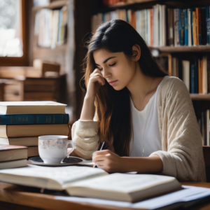 Estudiante chilena revisando sus apuntes con una taza de té en un entorno tranquilo.