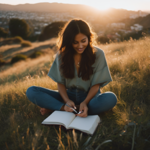 Mujer chilena practicando autocompasión en un entorno natural.