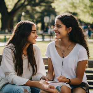 Adolescente sonriente recibiendo apoyo de un adulto en un entorno natural