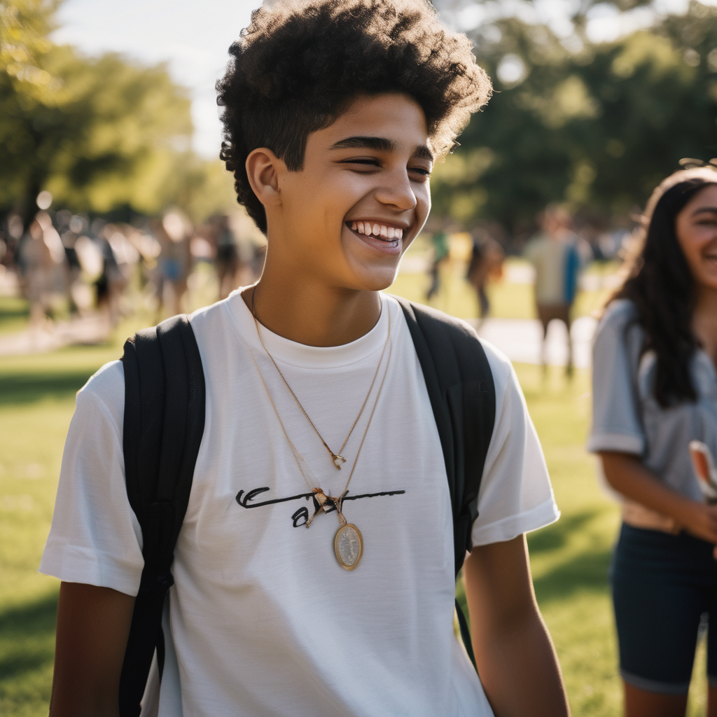 Adolescente latino interactuando con amigos en un parque, sonriendo y compartiendo.