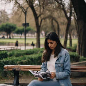 Una mujer chilena en un parque, sosteniendo una foto de su ser querido mientras llora en un momento de reflexión.