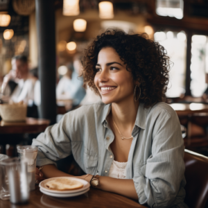 Una mujer chilena sonriendo mientras escucha atentamente a un amigo en un café.