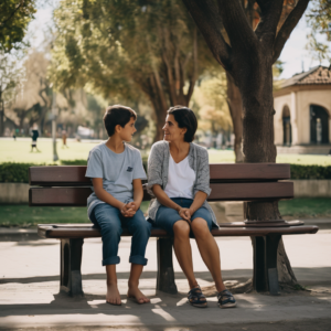 Madre chilena conversando con su hijo en un parque, sonriendo y escuchando atentamente.