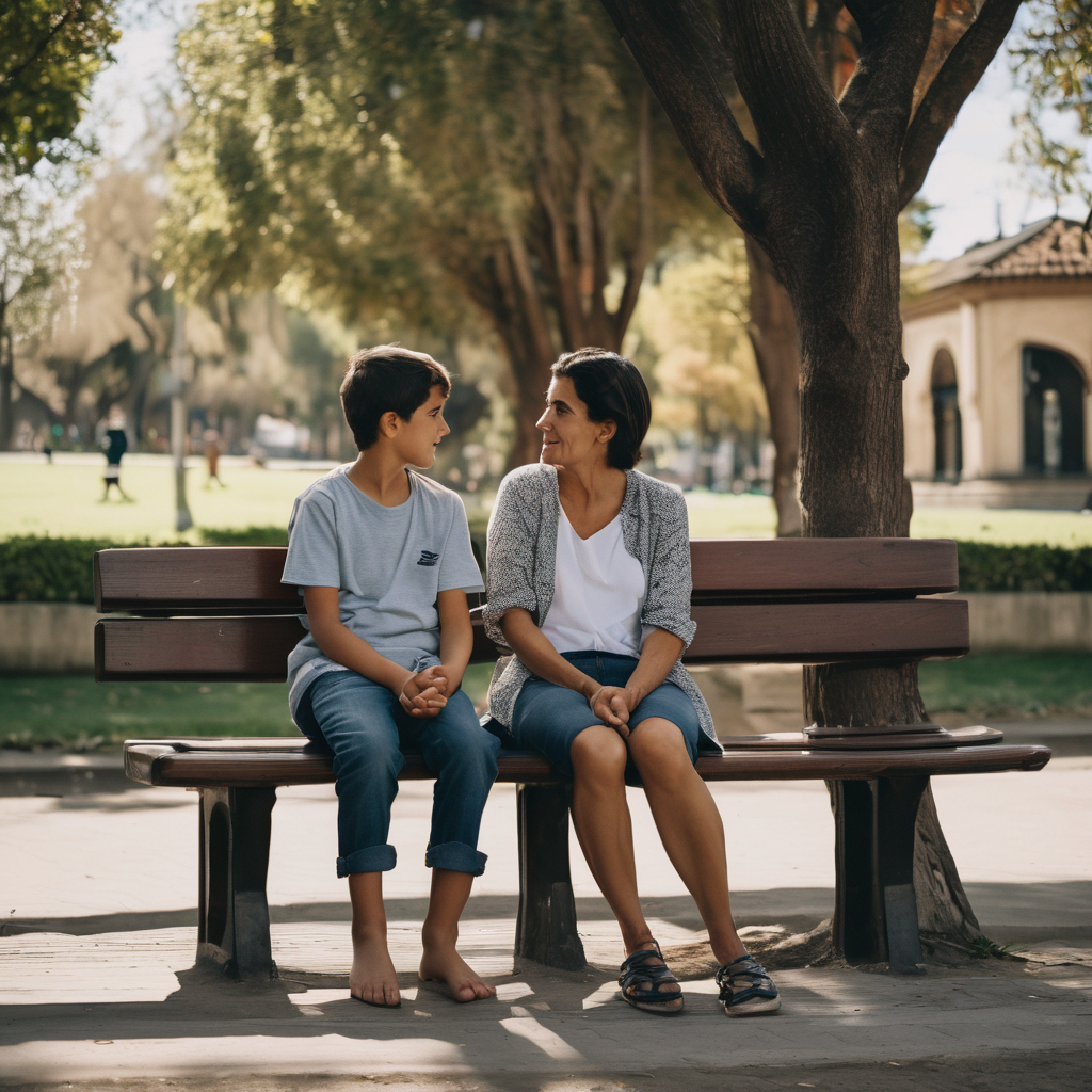 Madre chilena conversando con su hijo en un parque, sonriendo y escuchando atentamente.